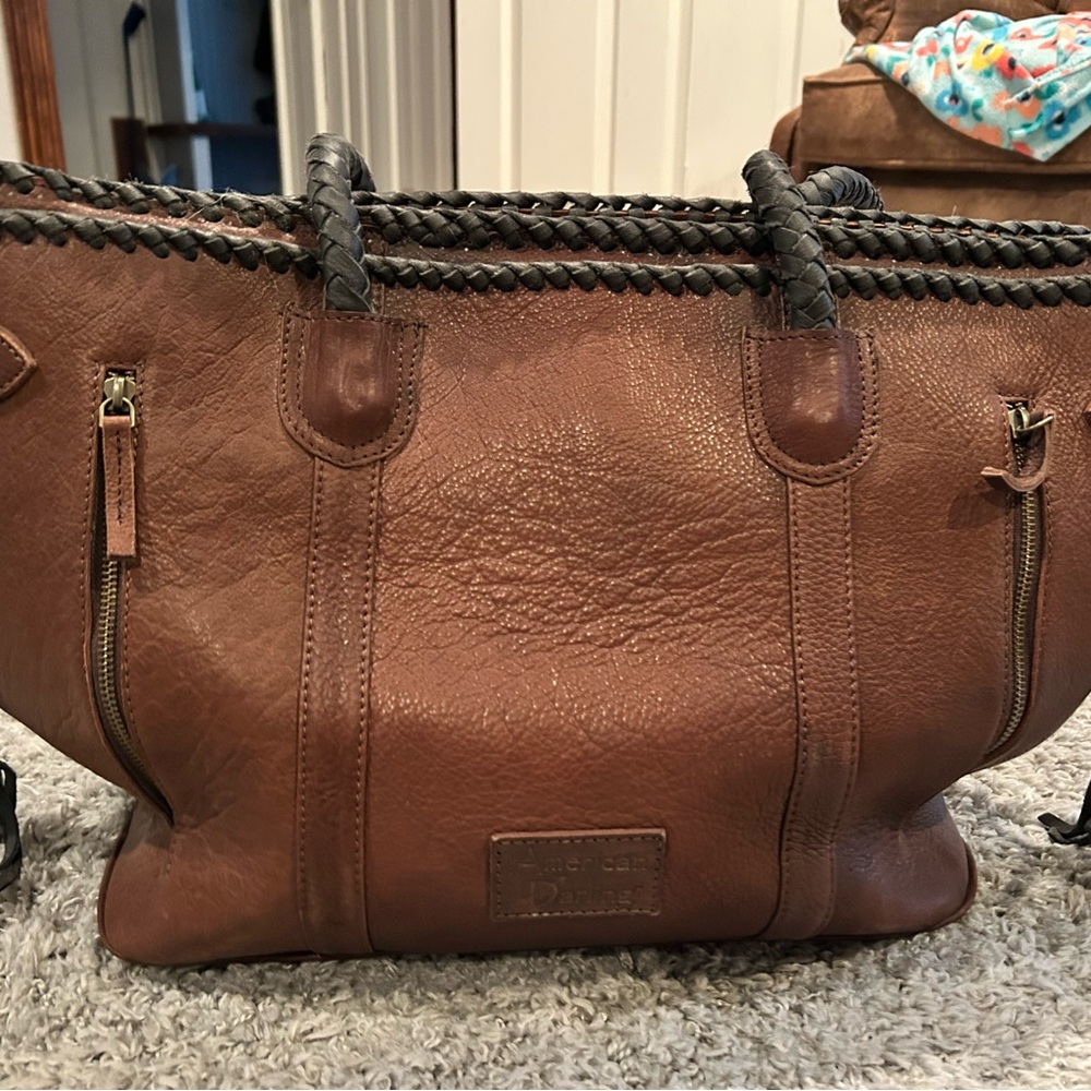 American Darling Brown Leather Tote with Fringe - Picture 2 of 6